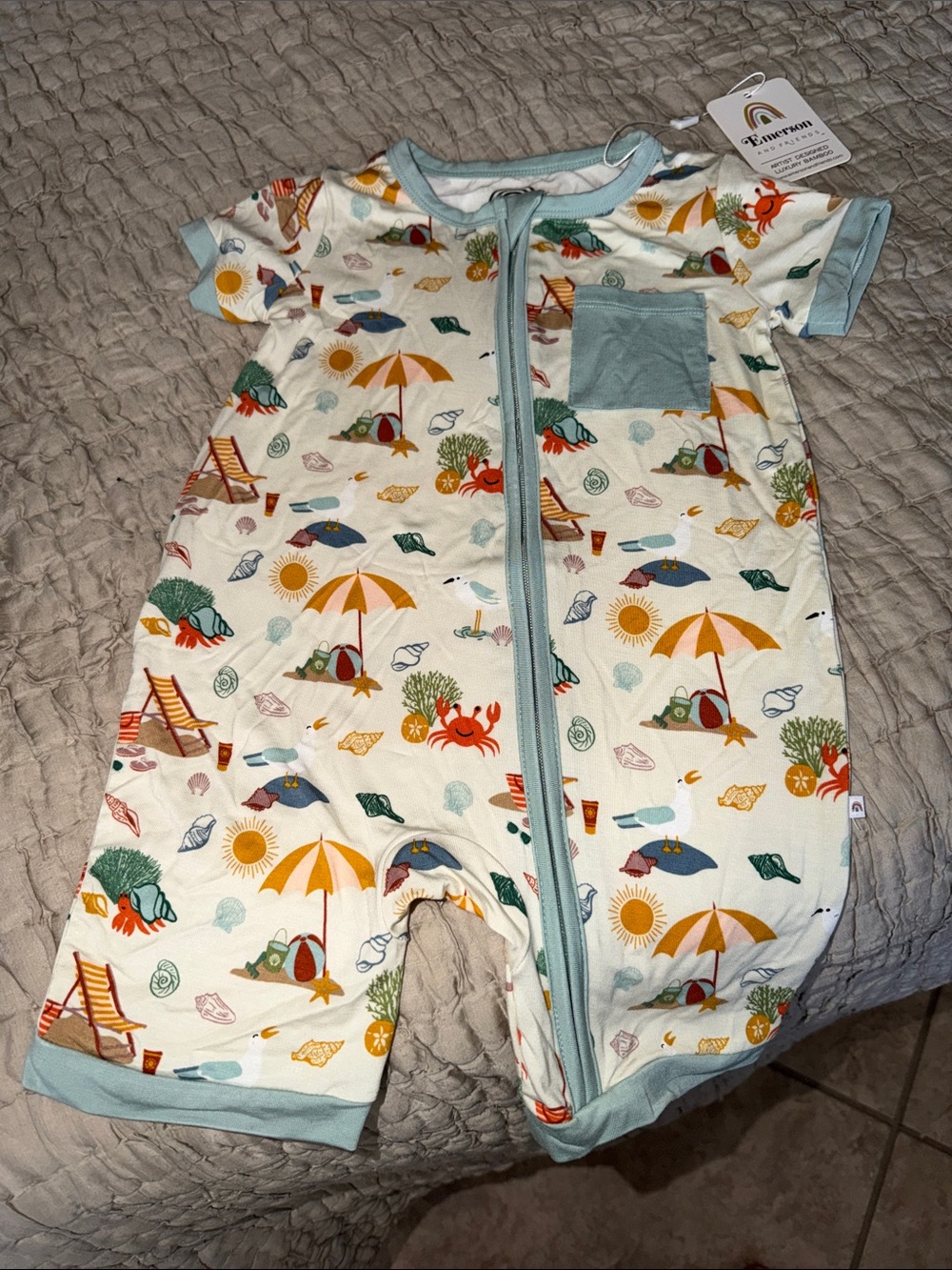 Emerson Kids Short-Sleeve Beach Print One-Piece Romper in Light Blue cream